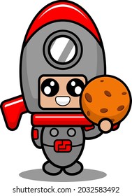 vector cartoon character cute space rocket mascot costume holding planet ball