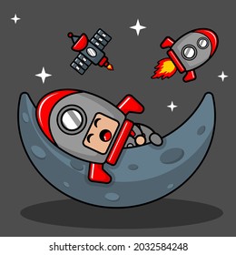 vector cartoon character cute space rocket mascot costume sleeping on planet