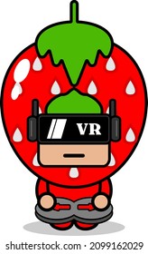 vector cartoon character cute strawberry fruit mascot costume playing virtual reality game