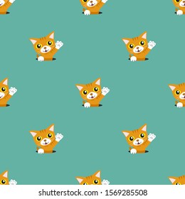 Vector cartoon character cute tabby cat seamless pattern background for design.