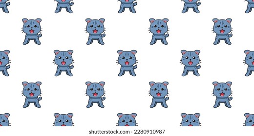 Vector cartoon character cute tabby cat seamless pattern background for design 
