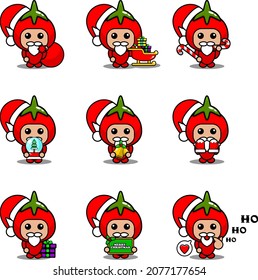 personaje de caricatura vectorial lindo tomate verdura mascota disfraz set christmas de navidad