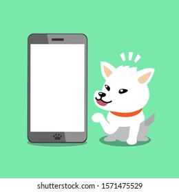 Vector cartoon character cute white dog with smartphone for design.