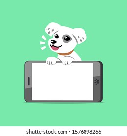 Vector cartoon character cute white dog with smartphone for design.