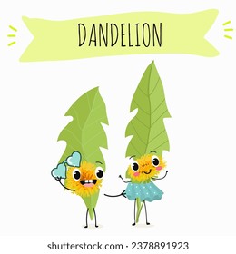 Caricatura vectorial, diente de león, personaje gracioso, planta medicinal, cocina.