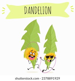 Vector cartoon character dandelion, funny character, medicinal plant, cooking.