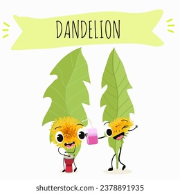 Vector cartoon character dandelion, funny character, medicinal plant, cooking.