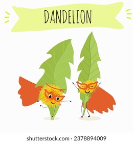 Vector cartoon character dandelion, funny character, medicinal plant, cooking.