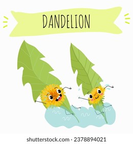 Caricatura vectorial, diente de león, personaje gracioso, planta medicinal, cocina.