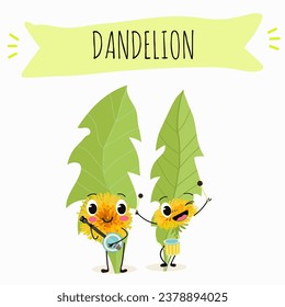 Vector cartoon character dandelion, funny character, medicinal plant, cooking.