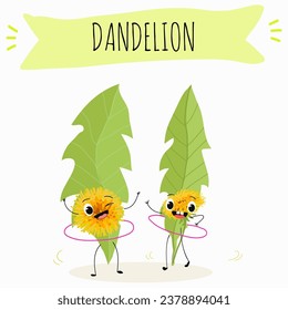 Vector cartoon character dandelion, funny character, medicinal plant, cooking.