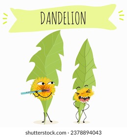 Vector cartoon character dandelion, funny character, medicinal plant, cooking.