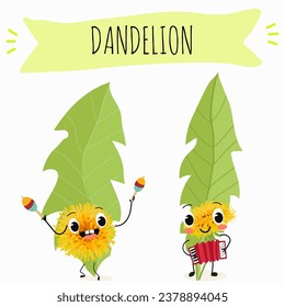 Vector cartoon character dandelion, funny character, medicinal plant, cooking.
