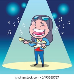Vector Cartoon Character Design of A Man Playing Guitar on stage with spotlight like a rockstar he wear blue jacket jean and the glasses on he head