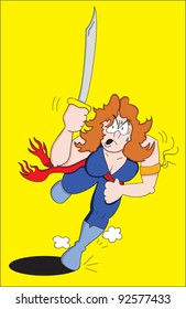 Vector Cartoon Character Design of a Warrior Girl running into battle, with her sword ready to slay the enemy