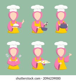 Vector cartoon character design Young muslim woman wearing hijab in various pose for graphic designer use for card, website, banner, brochure, leaflet, placard, and print