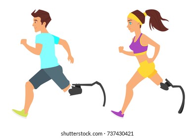 Vector cartoon character disabled man and woman runners, isolated on white background.