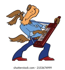 Vector cartoon character dog musician. The dog from the Bremen Town Musicians plays the keytar. Color drawing of a funny dog playing a keitar, isolated on white.