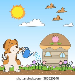vector cartoon character dog watering