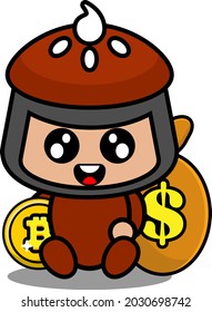 vector cartoon character doodle cake pie cute mascot costume sitting holding bitcoins and money bag