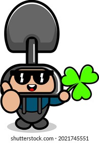 Vector cartoon character doodle costume cute farmer shovel mascot holding clover leaf with thumbs up