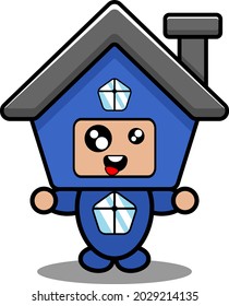 personaje de caricatura vectorial doodle expresión loca lindo disfraz de mascota de casa azul