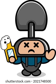 Caricatura vectorial doodle lindo granjero pala mascota vestido con botella de cerveza
