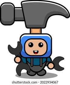 vector cartoon character doodle mascot costume cute hammer tool holding mechanical key