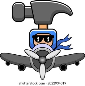 vector cartoon character doodle mascot costume funny hammer tool riding a plane