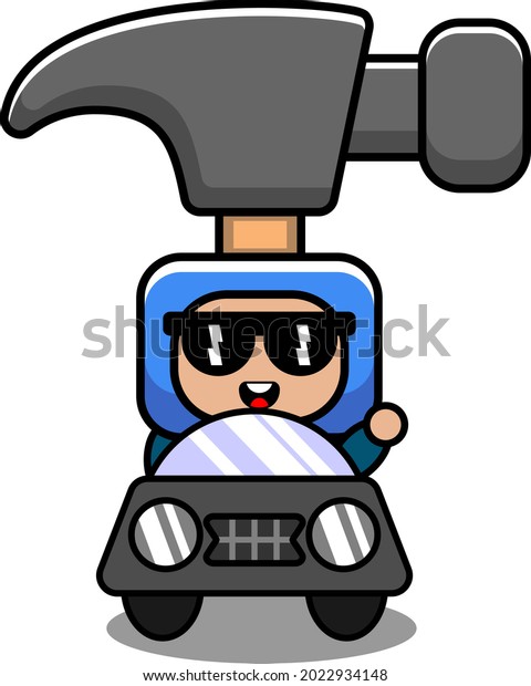 vector cartoon character doodle mascot costume funny\
hammer tool driving a\
car