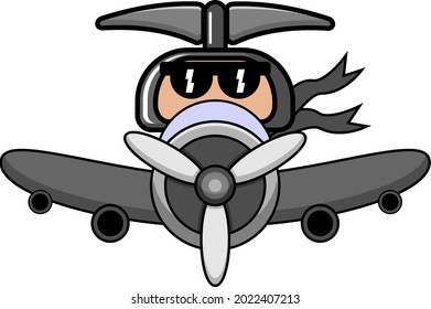 vector cartoon character doodle miner pickaxe cute mascot costume riding a plane