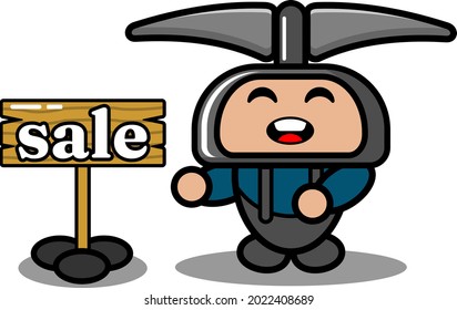 vector cartoon character doodle miner pickaxe cute mascot costume with sale board