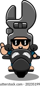caricatura vectorial doodle spanner herramienta mecánica divertido disfraz de mascota montando una motocicleta