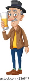 Vector cartoon character of an elderly man enjoying a beer