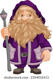 A vector cartoon character of an elderly wizard holding a staff