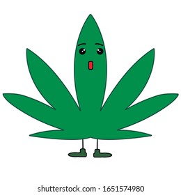 Caricatura vectorial ilustración plana kawaii icono cannabis.Cara verde de hoja de marihuana alegre graciosa sonriente feliz.
