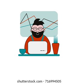 Vector cartoon character freelancer, hipster working at computer.