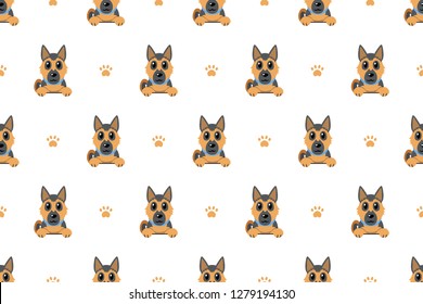 Vector cartoon character german shepherd dog seamless pattern background for design.