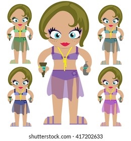 Vector cartoon character girl on beach holding two tubes of suncream. Different colors of bikinis.