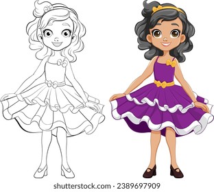 A vector cartoon character of a girl in a princess dress ready for a party