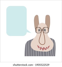 Vector cartoon character in glasses with the inscription text messages speech bublle. Fairytale fantasy character, exotic animal, looks like a donkey and a goat