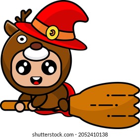 vector cartoon character Halloween animal mascot costume red witch riding a broomstick