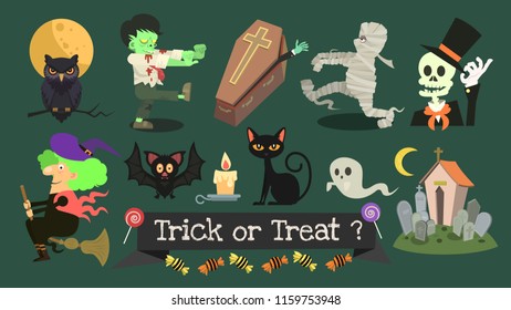 Vector cartoon character halloween collection .Cute halloween cartoon  character background .