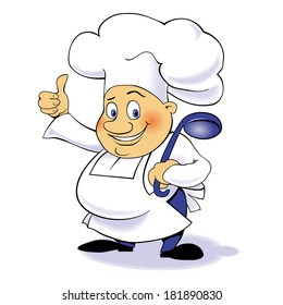 Vector cartoon character happy cook with a ladle