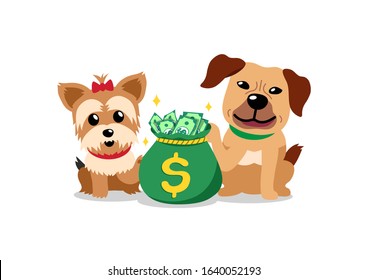 Vector cartoon character happy dogs with money bag for design.