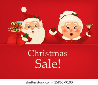 Vector cartoon character of Happy Santa Claus and his wife with signboard. Christmas advertising design. Christmas Sale Season Design Template for New Year promotion banners, headers, posters.
