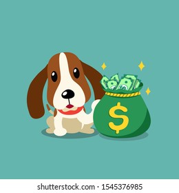 Vector cartoon character hound dog with money bag for design.