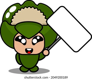 vector cartoon character illustration cute vegetable cauliflower mascot costume holding white board
