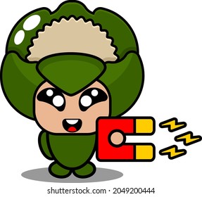 vector cartoon character illustration cute vegetable cauliflower mascot costume holding a magnet