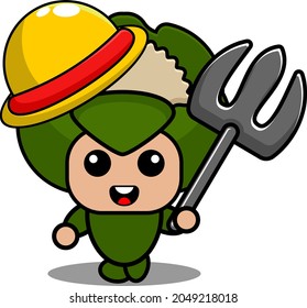 vector cartoon character illustration cute vegetable cauliflower mascot costume with hat and pitchfork